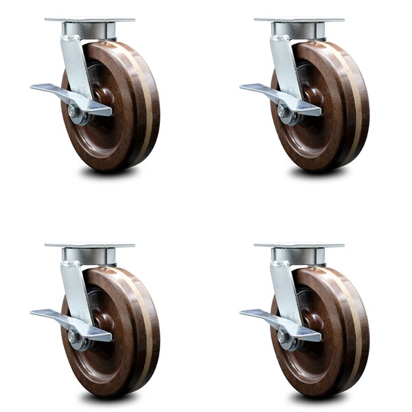 Service Caster 8 Inch Kingpinless High Temp Phenolic Wheel Swivel Caster Set with Brakes SCC SCC-KP30S820-PHRHT-SLB-4 - main